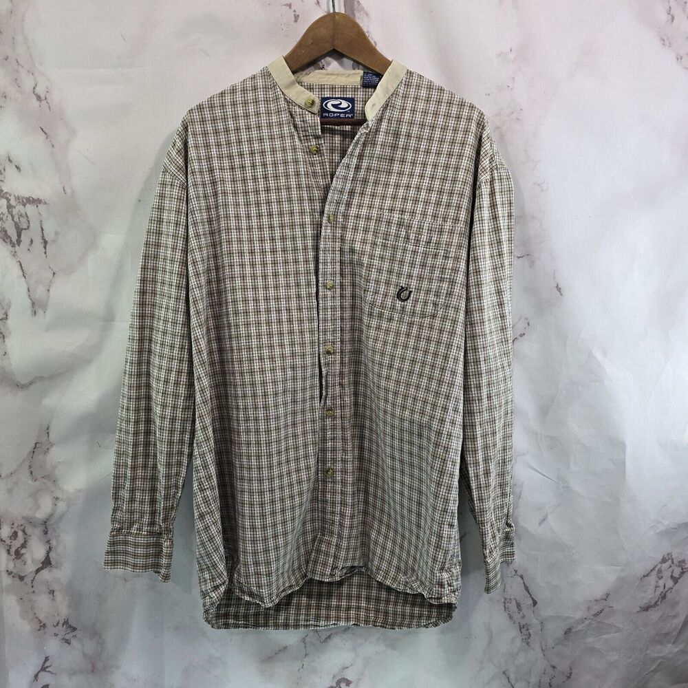 Roper Shirt Mens Large Button Long Sleeve Grandfather Mandarin Windowpane Banded